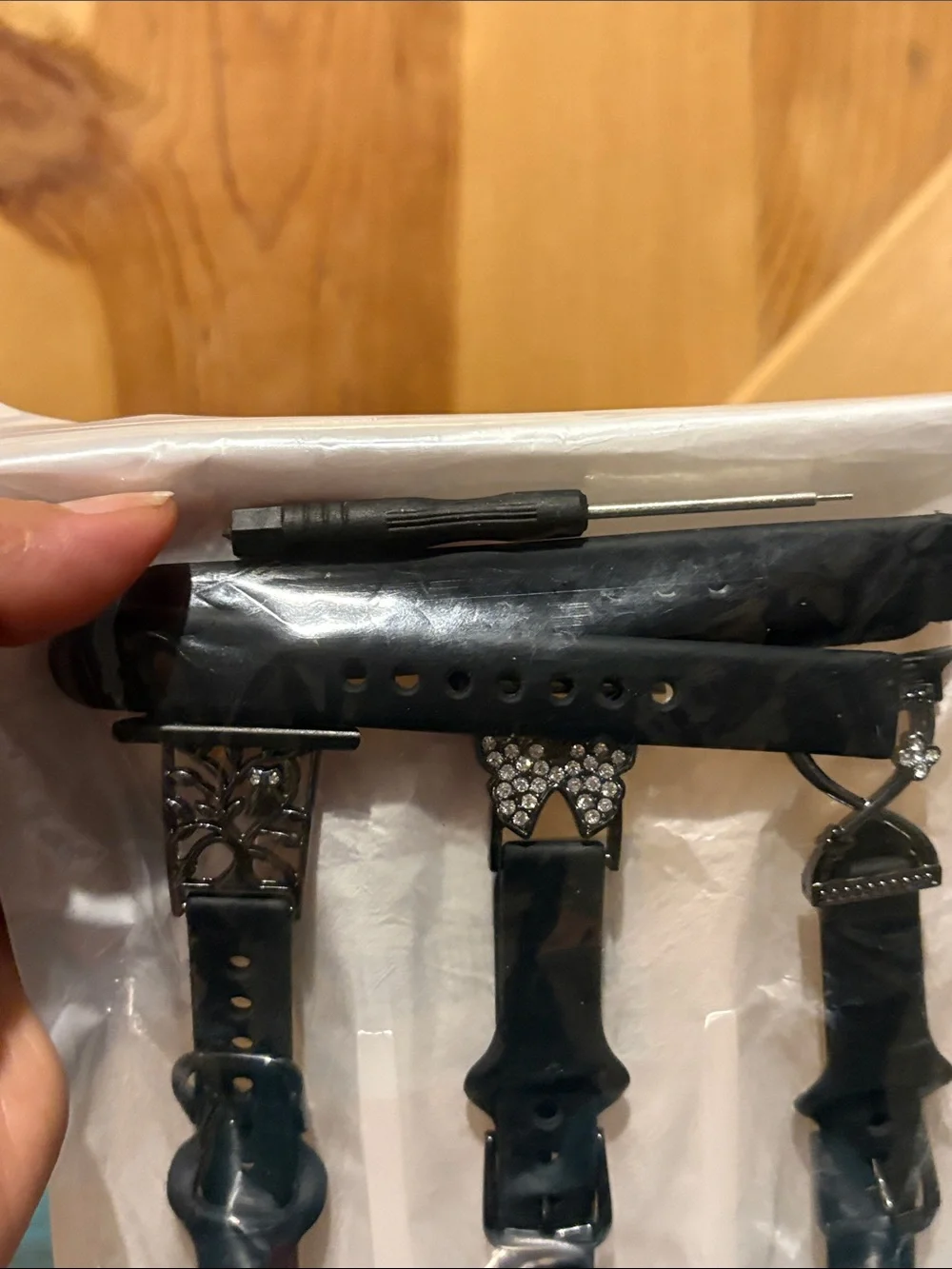 Set of Black Smartwatch Bands with Rhinestone Butterfly, Flower and Owl Accents